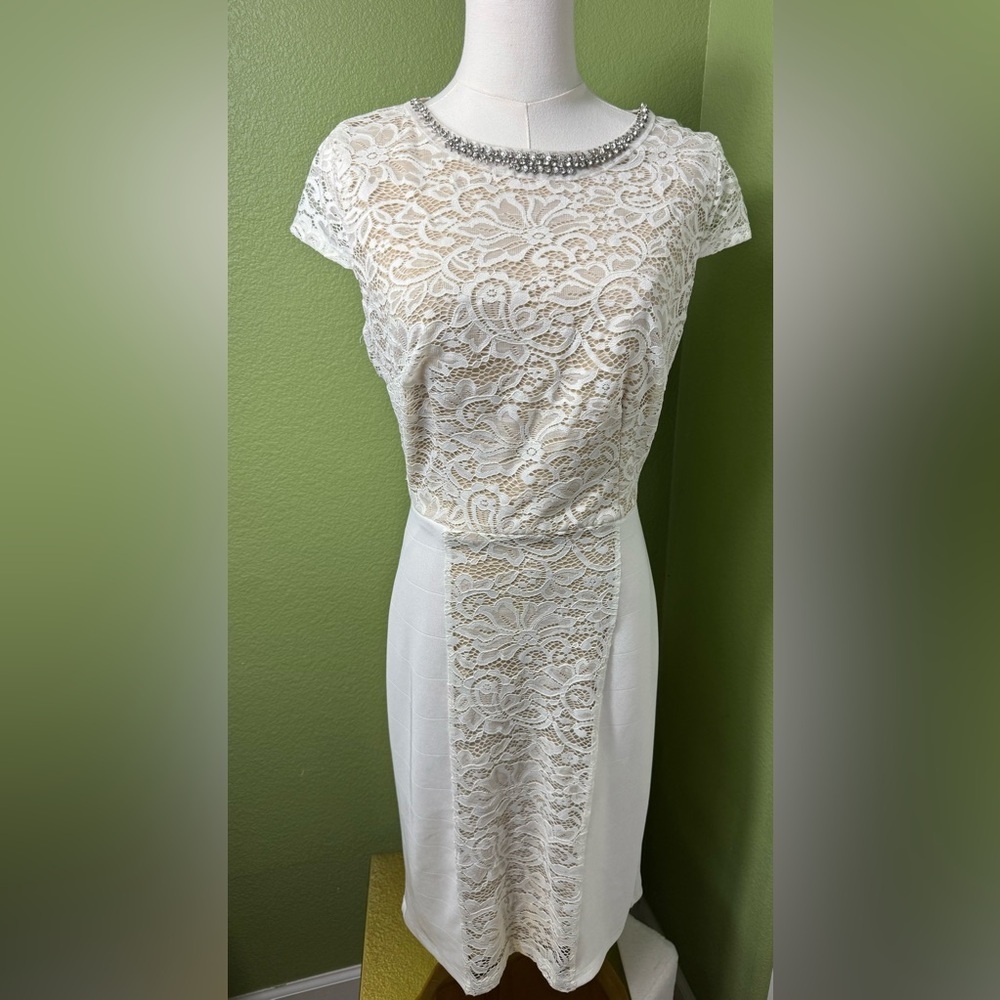 Fifth &Park jeweled neck White/Cream Lace Dress